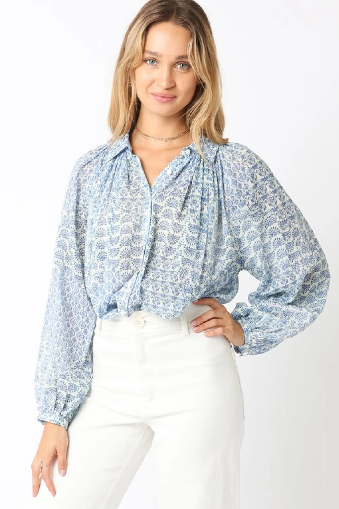 Shirley Long Sleeve Button Down Abstract Print Blouse Blue