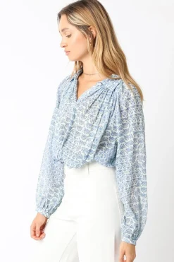 Shirley Long Sleeve Button Down Abstract Print Blouse Blue