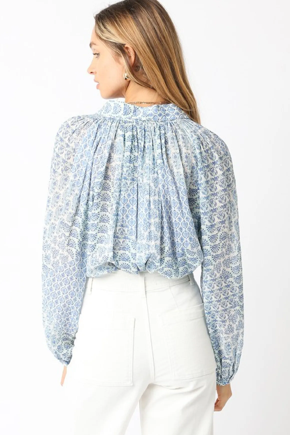 Shirley Long Sleeve Button Down Abstract Print Blouse Blue