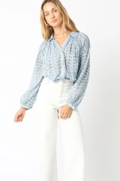 Shirley Long Sleeve Button Down Abstract Print Blouse Blue