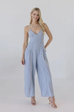 Simone Sleeveless Criss Cross Back Wide Leg Denim Jumpsuit Blue