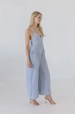 Simone Sleeveless Criss Cross Back Wide Leg Denim Jumpsuit Blue
