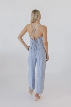 Simone Sleeveless Criss Cross Back Wide Leg Denim Jumpsuit Blue