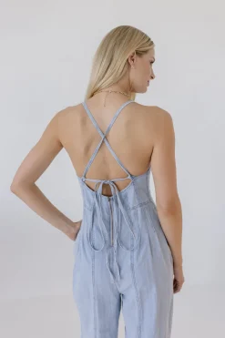Simone Sleeveless Criss Cross Back Wide Leg Denim Jumpsuit Blue