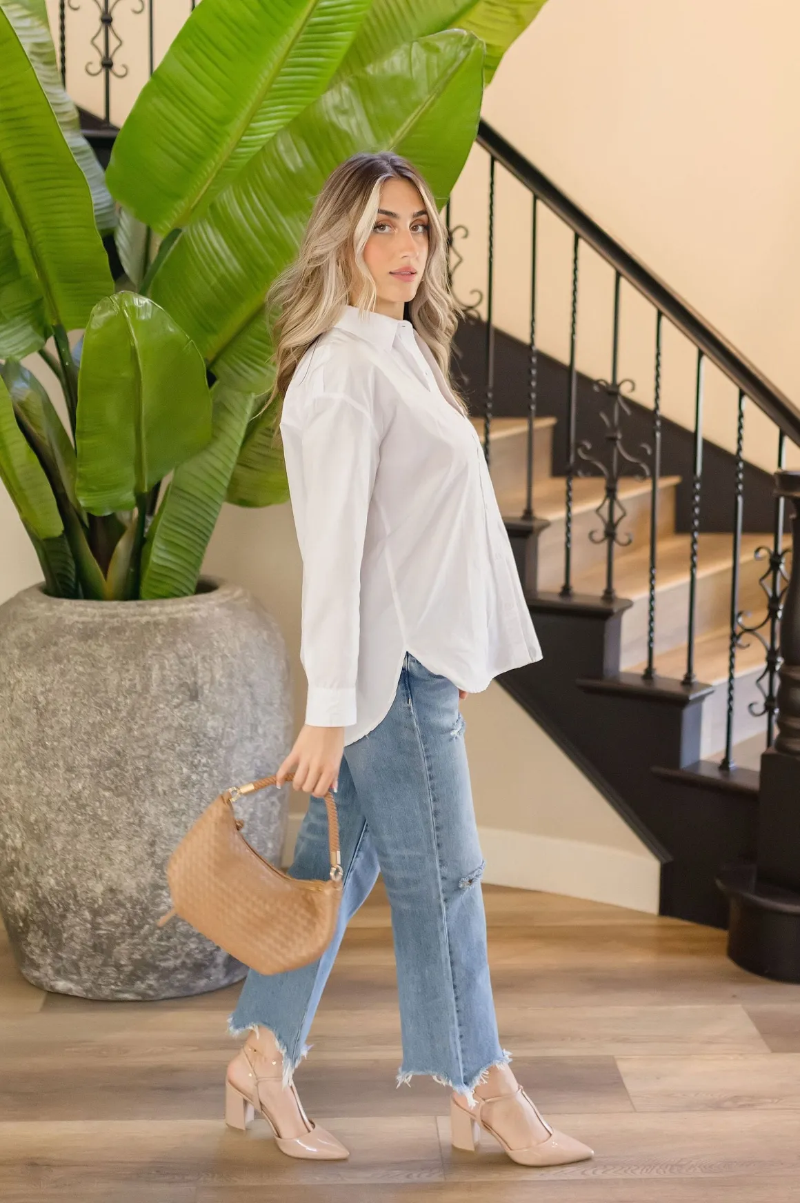 Spencer Long Sleeve Oversized Button Down Top White
