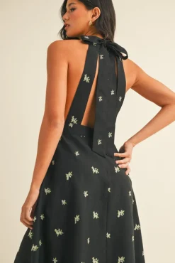 Steph Sleeveless Halter Floral Print Midi Dress Black
