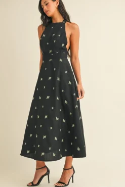 Steph Sleeveless Halter Floral Print Midi Dress Black