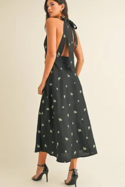 Steph Sleeveless Halter Floral Print Midi Dress Black