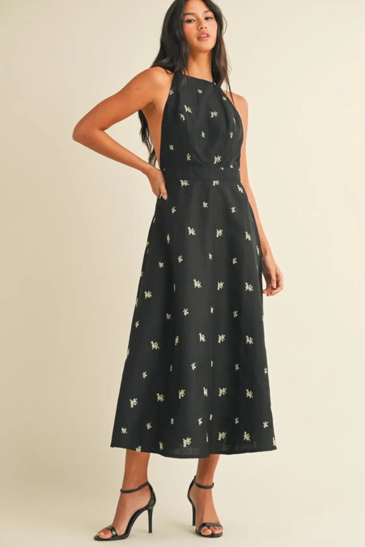 Steph Sleeveless Halter Floral Print Midi Dress Black