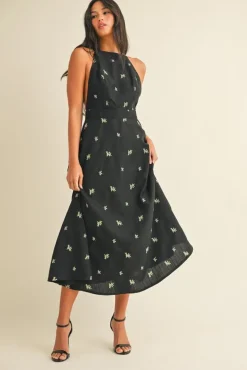 Steph Sleeveless Halter Floral Print Midi Dress Black