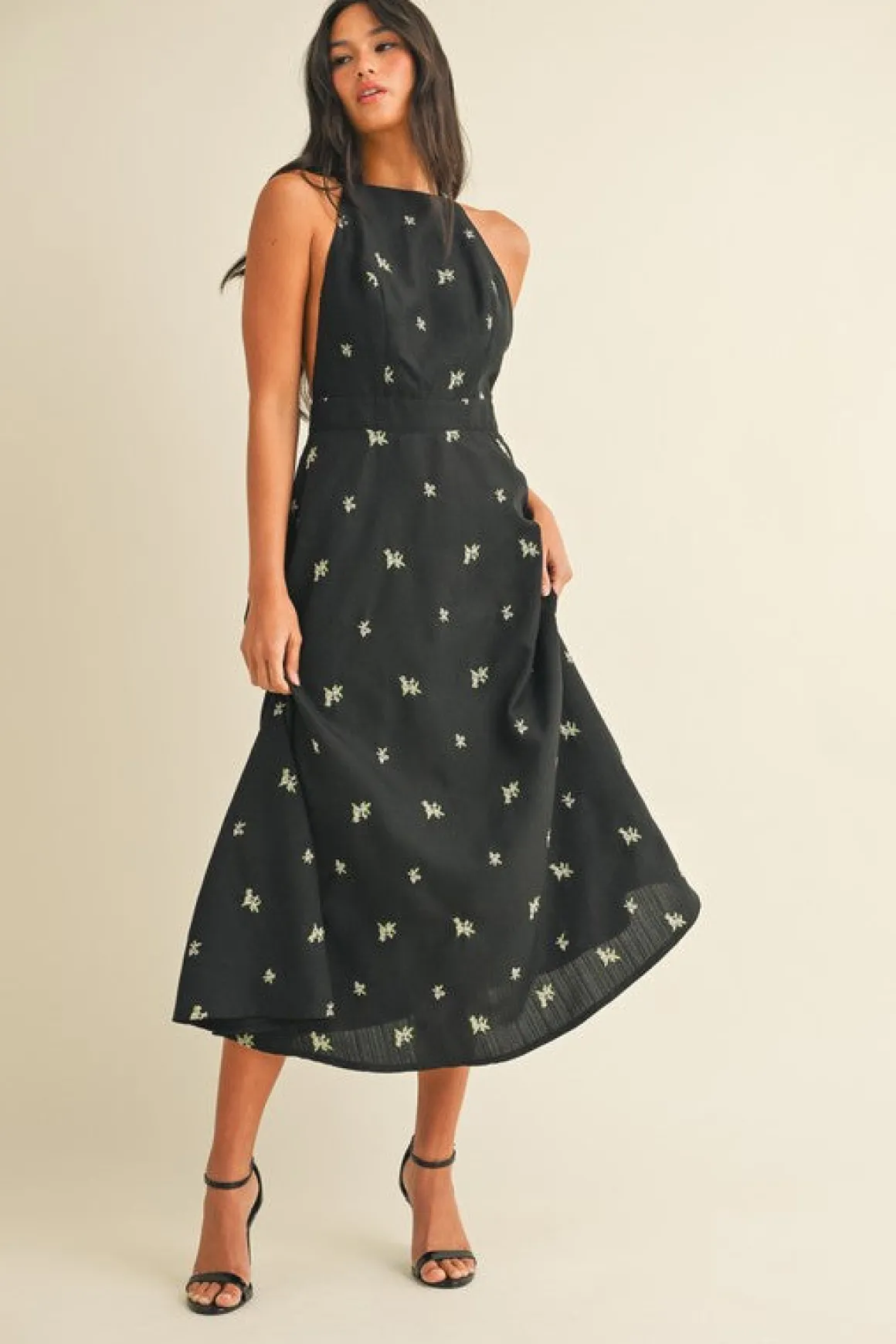 Steph Sleeveless Halter Floral Print Midi Dress Black