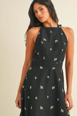 Steph Sleeveless Halter Floral Print Midi Dress Black