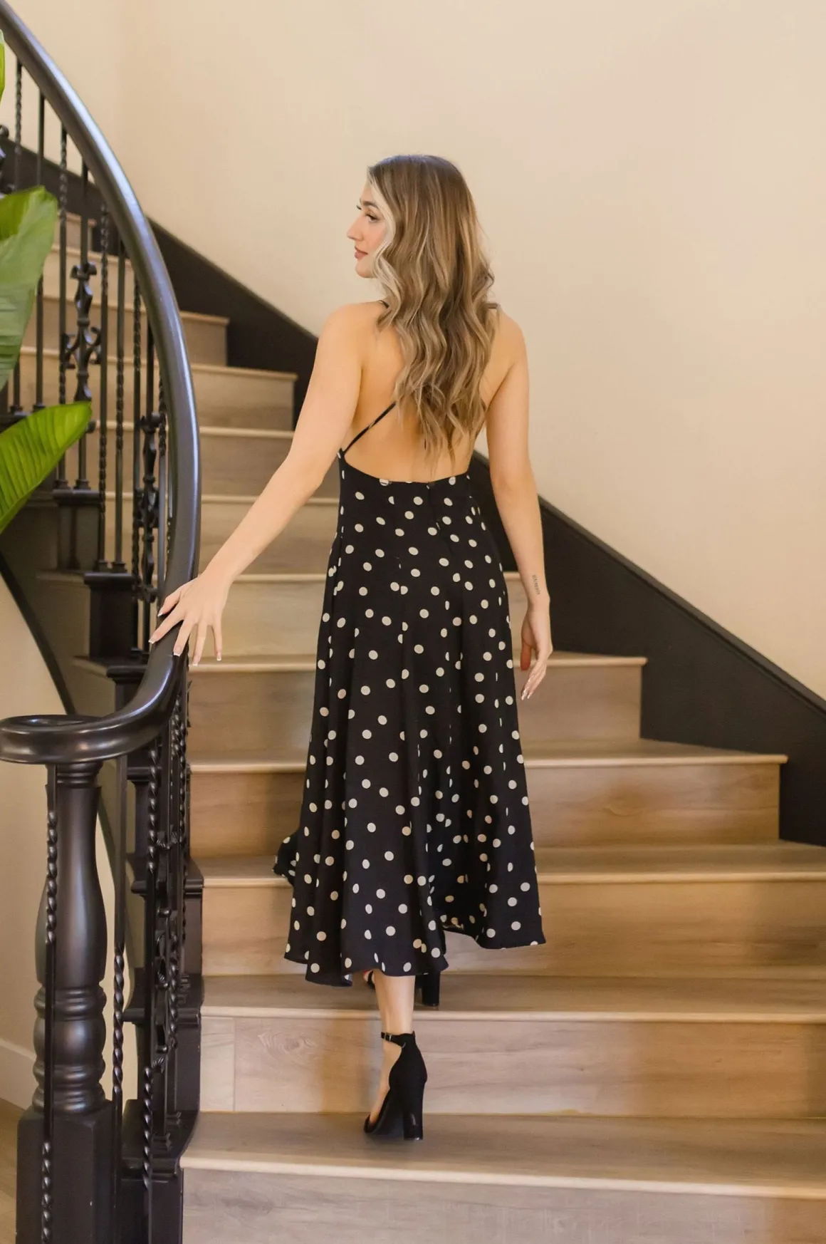 Sydney Sleeveless Back Tie Polka Dot Print Maxi Dress Black