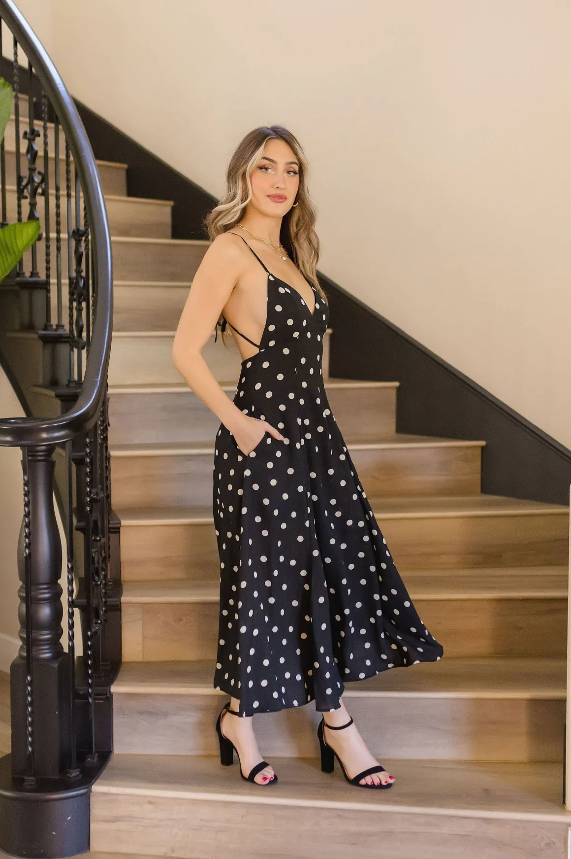 Sydney Sleeveless Back Tie Polka Dot Print Maxi Dress Black