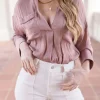 Tabitha Split Neckline Long Sleeve Satin Top Mauve