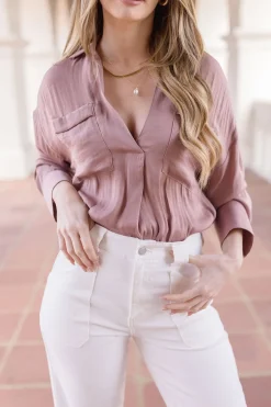 Tabitha Split Neckline Long Sleeve Satin Top Mauve