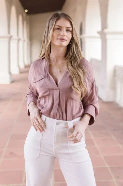 Tabitha Split Neckline Long Sleeve Satin Top Mauve