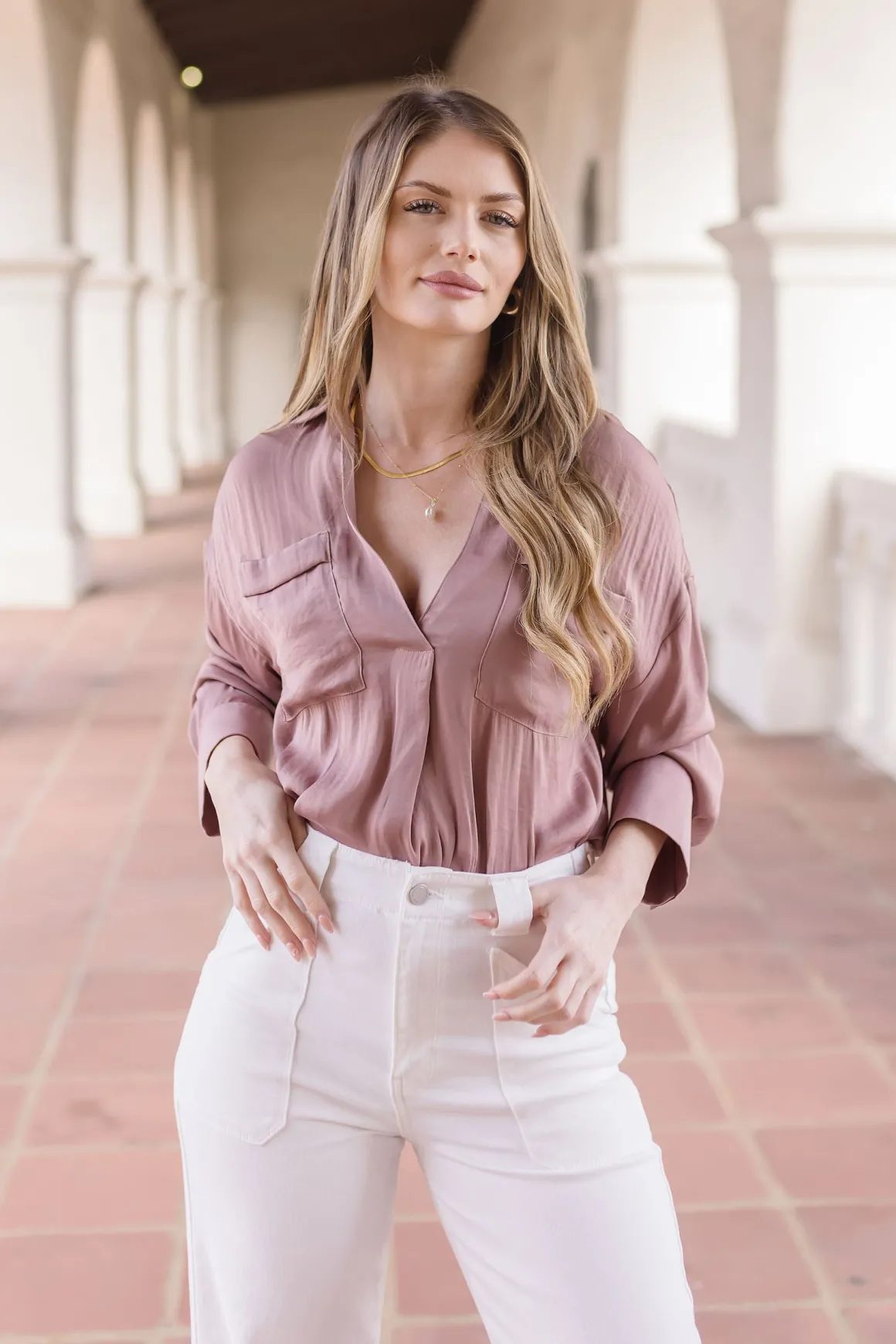Tabitha Split Neckline Long Sleeve Satin Top Mauve