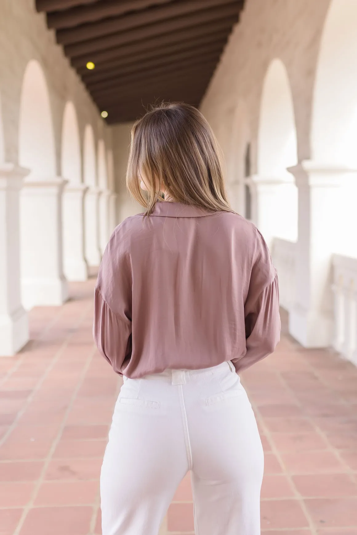 Tabitha Split Neckline Long Sleeve Satin Top Mauve