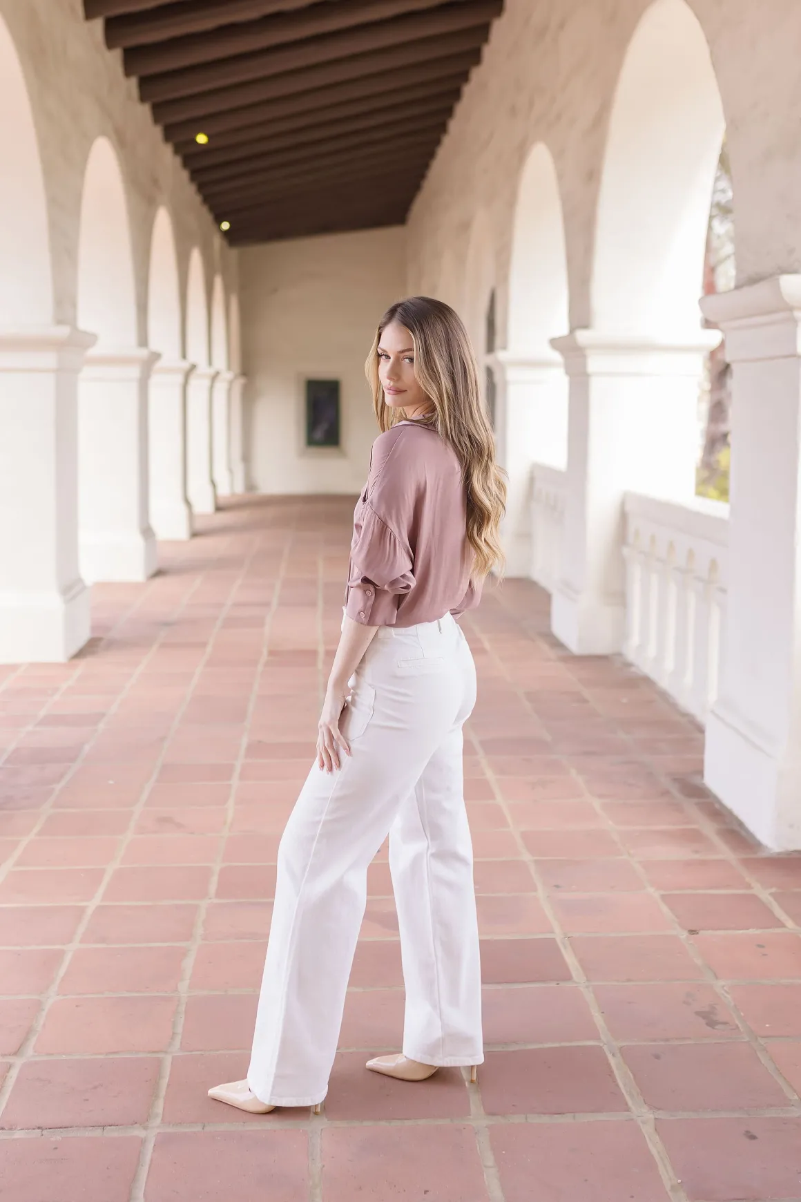 Tabitha Split Neckline Long Sleeve Satin Top Mauve