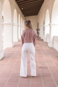 Tabitha Split Neckline Long Sleeve Satin Top Mauve
