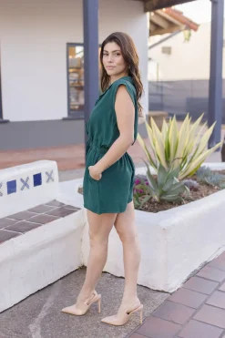 Tammy Sleeveless Button Down Waist Tie Romper Green