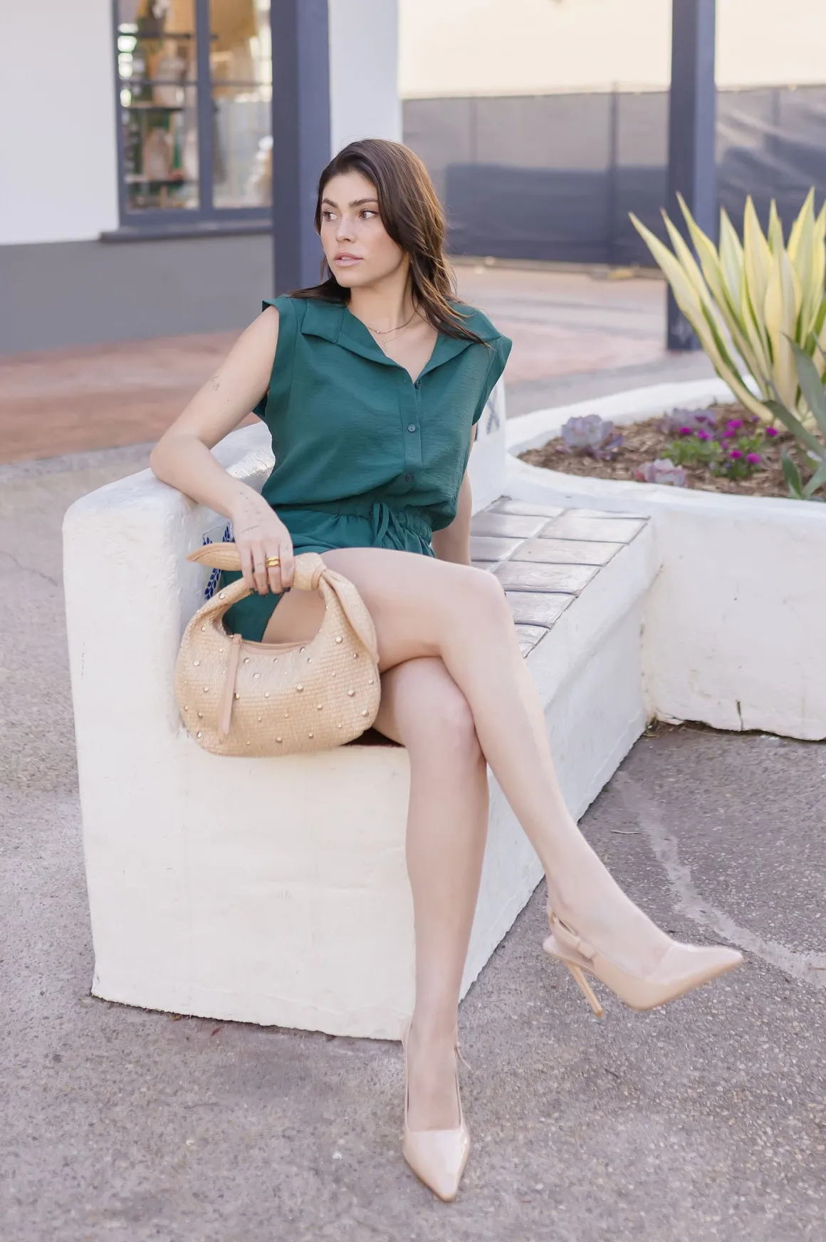 Tammy Sleeveless Button Down Waist Tie Romper Green