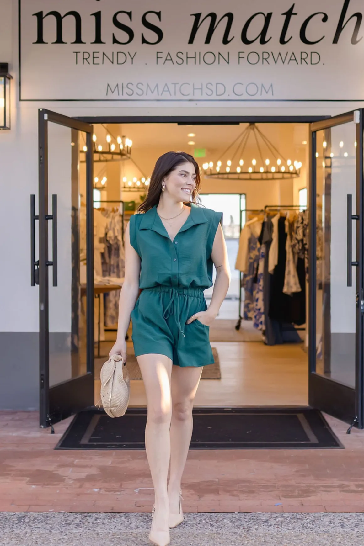 Tammy Sleeveless Button Down Waist Tie Romper Green