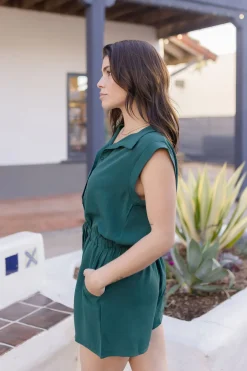 Tammy Sleeveless Button Down Waist Tie Romper Green