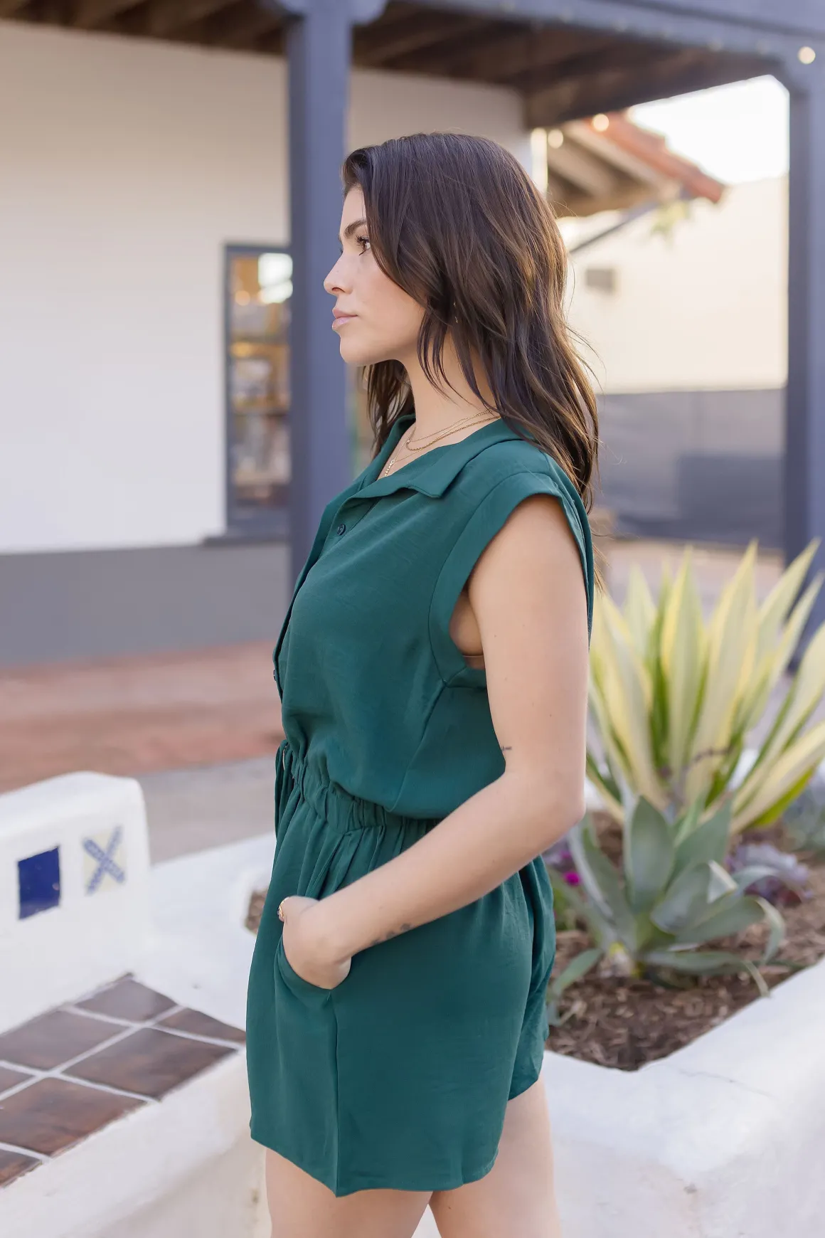 Tammy Sleeveless Button Down Waist Tie Romper Green