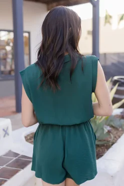 Tammy Sleeveless Button Down Waist Tie Romper Green