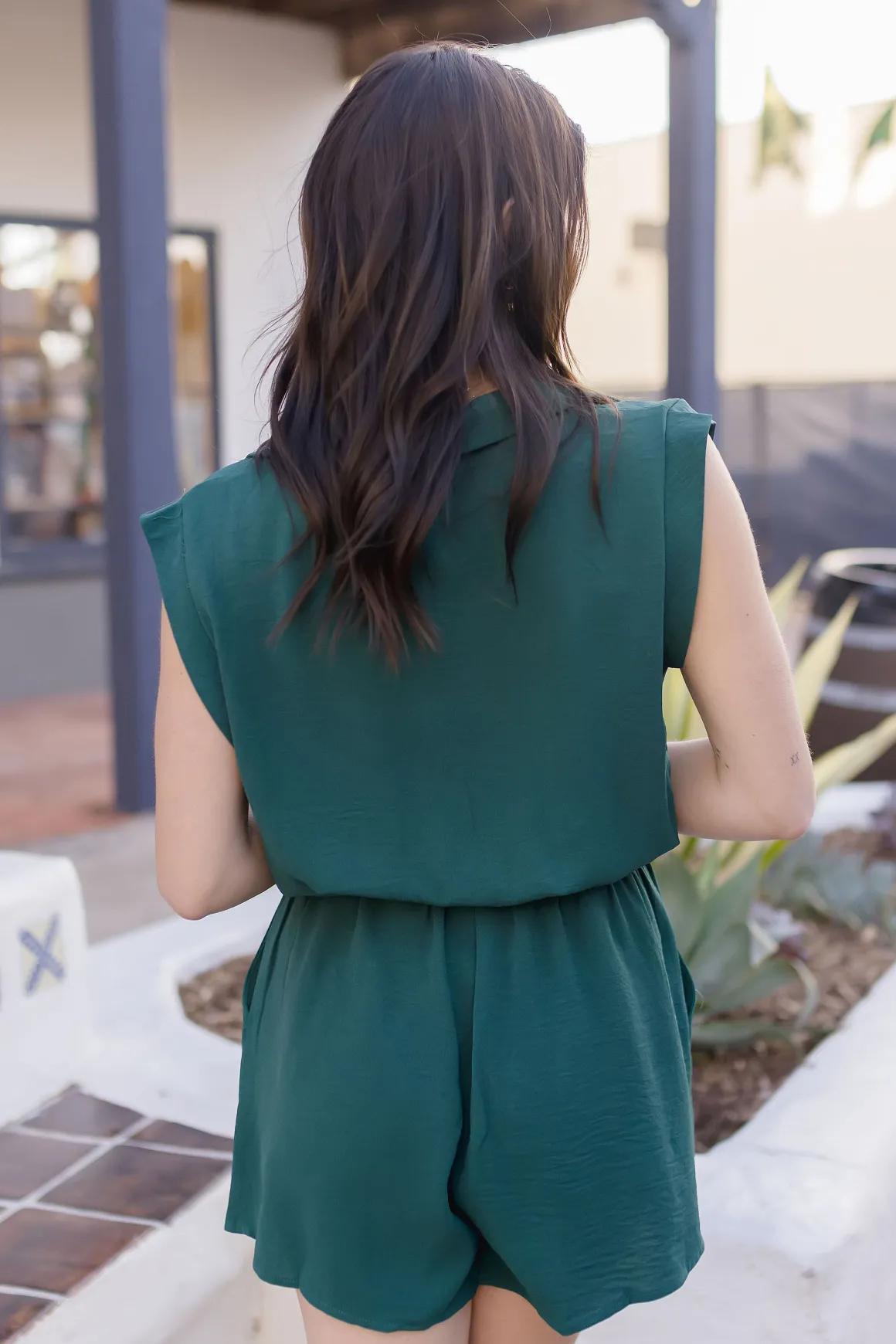 Tammy Sleeveless Button Down Waist Tie Romper Green