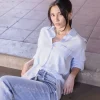 Tamra Long Sleeve Stripe Print Button Down Top Light Blue
