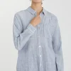 Tamra Long Sleeve Stripe Print Button Down Top Dark Blue