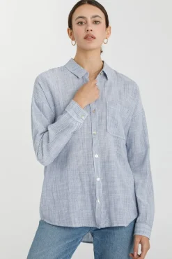 Tamra Long Sleeve Stripe Print Button Down Top Dark Blue