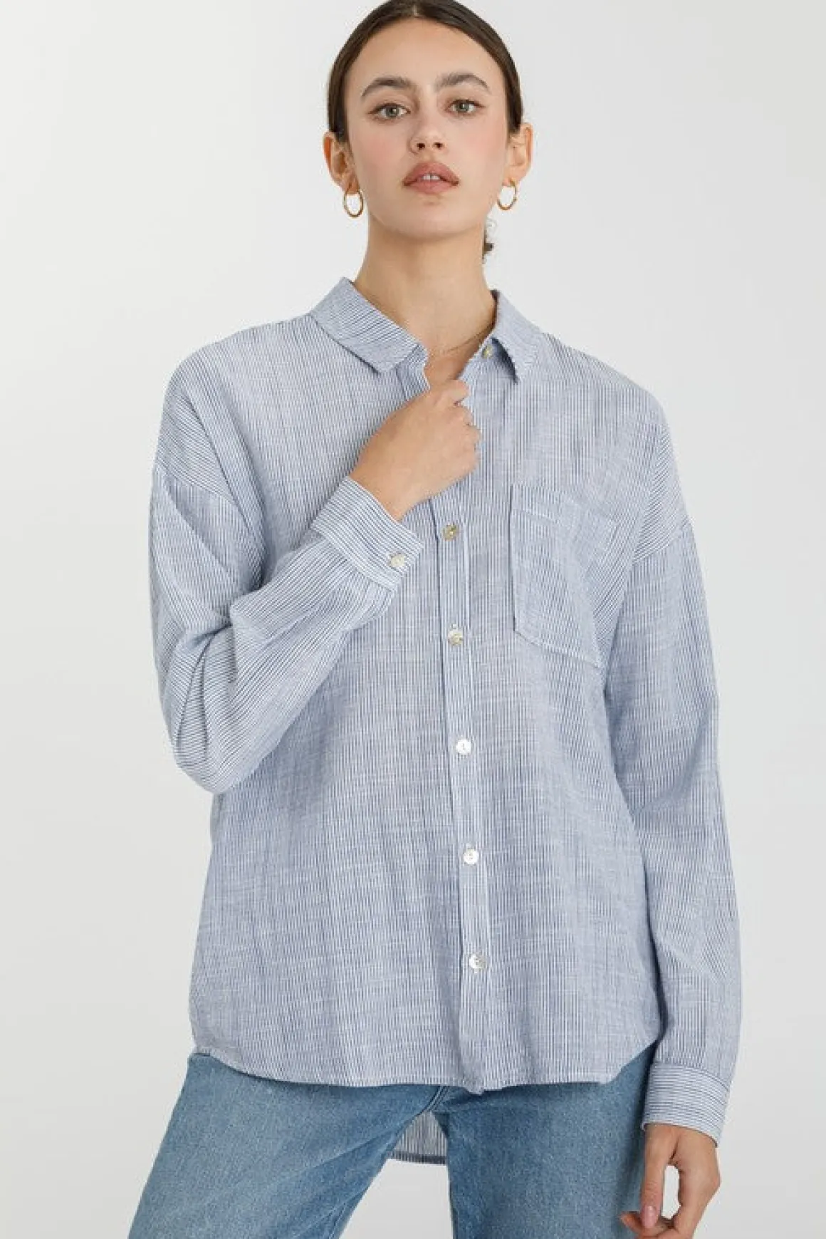Tamra Long Sleeve Stripe Print Button Down Top Dark Blue