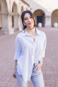 Tamra Long Sleeve Stripe Print Button Down Top Light Blue