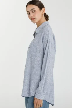 Tamra Long Sleeve Stripe Print Button Down Top Dark Blue