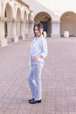 Tamra Long Sleeve Stripe Print Button Down Top Light Blue