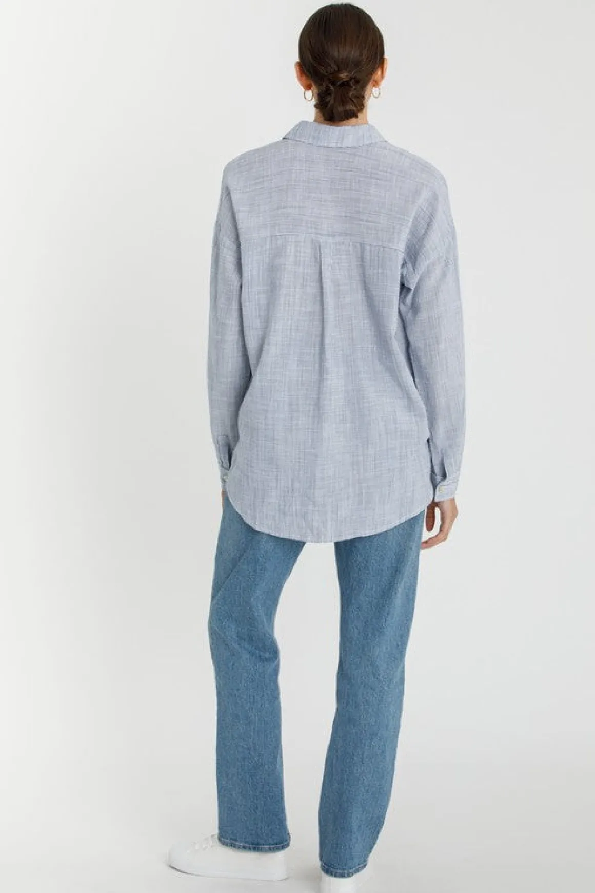 Tamra Long Sleeve Stripe Print Button Down Top Dark Blue