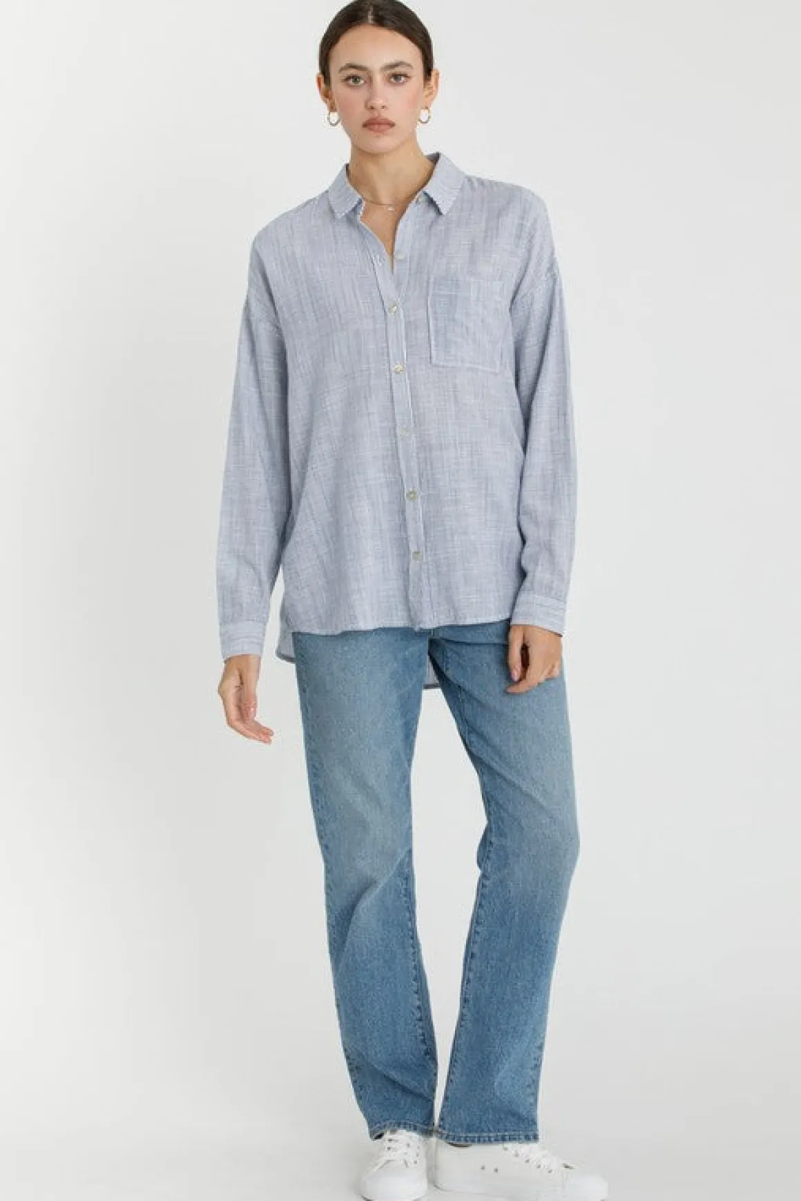 Tamra Long Sleeve Stripe Print Button Down Top Dark Blue