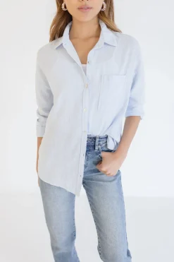 Tamra Long Sleeve Stripe Print Button Down Top Light Blue