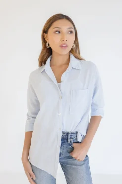 Tamra Long Sleeve Stripe Print Button Down Top Light Blue