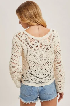 Tanya Long Sleeve Sheer Crochet Top Natural