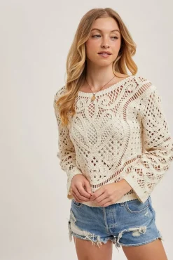 Tanya Long Sleeve Sheer Crochet Top Natural