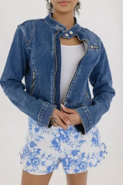 Tara Long Sleeve Moto Denim Jacket Medium Wash