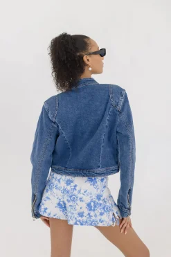 Tara Long Sleeve Moto Denim Jacket Medium Wash