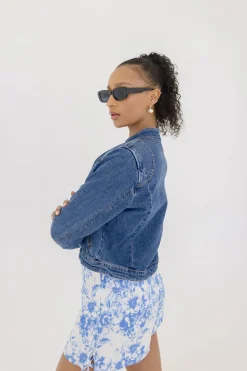 Tara Long Sleeve Moto Denim Jacket Medium Wash