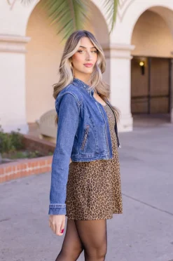 Tara Long Sleeve Moto Denim Jacket Medium Wash