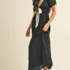 Tasha Short Puff Sleeve Contrast Bow Satin Maxi Dress Black